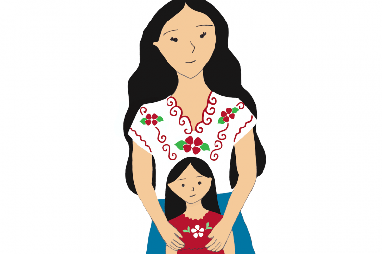 Illustration of a woman holding a little girl who represents her inner child.